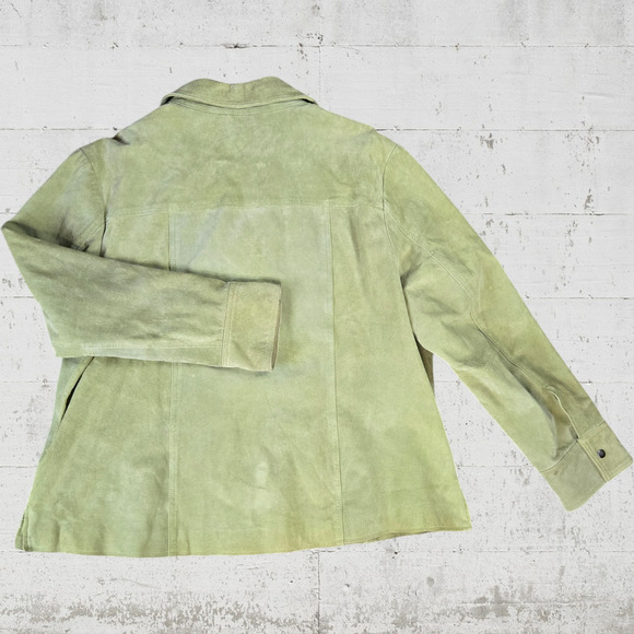 Y2K CJ Banks Spring Light Green Suede Snap Button V Neck Leather Jacket Size 2X - Picture 7 of 8